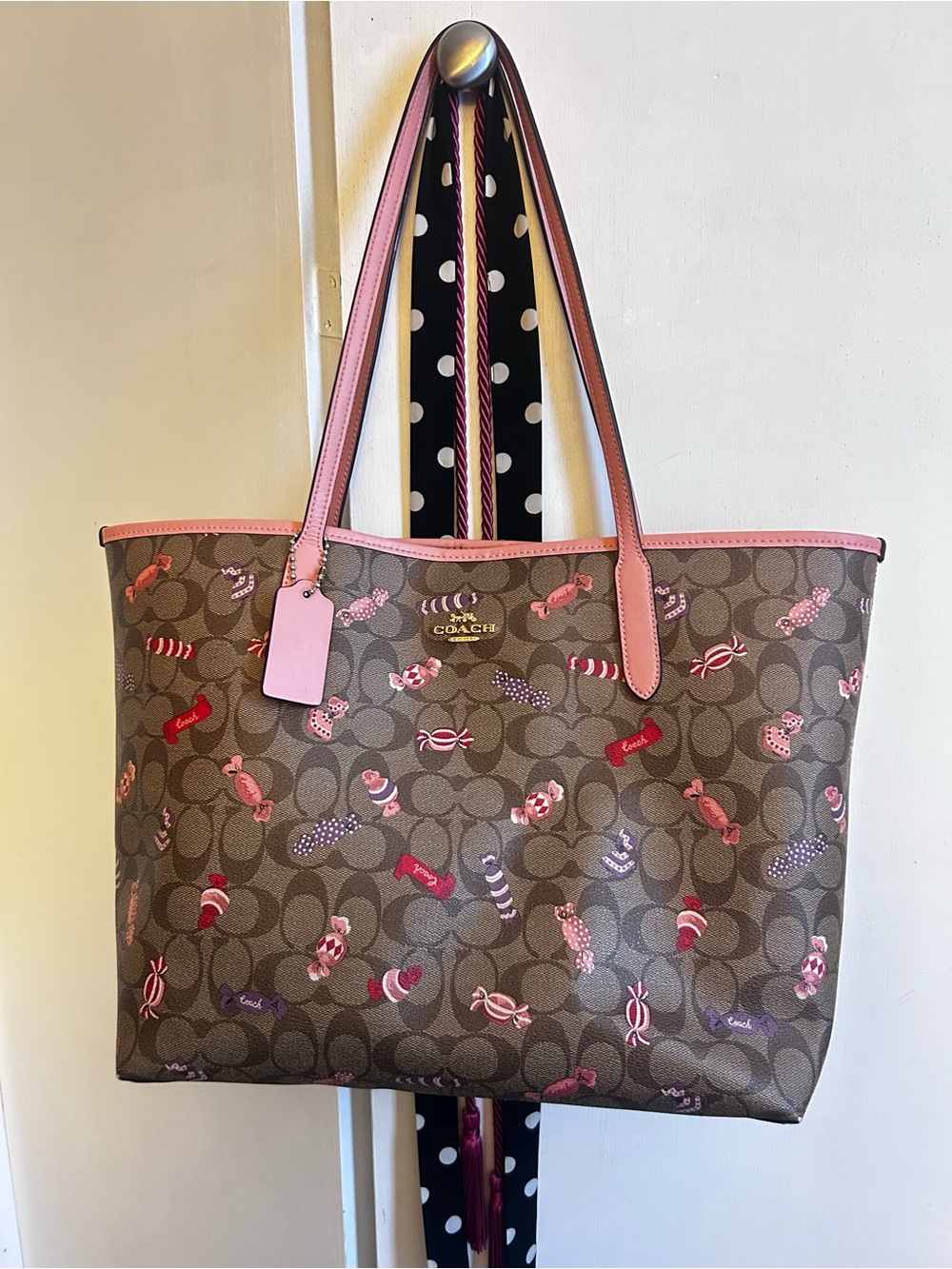 Coach Brown Signature Canvas Tote with Pink Trim and Candy Print